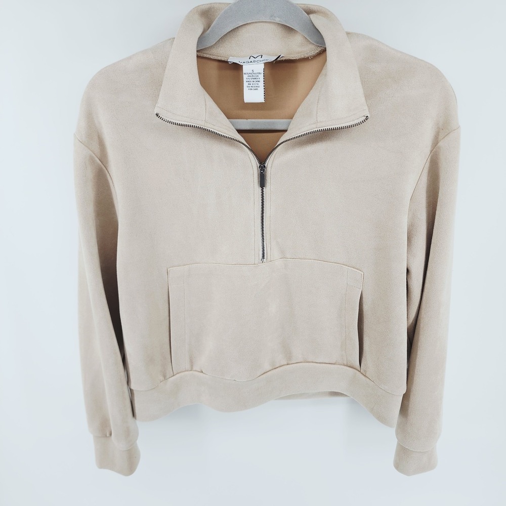 Magaschoni Tan Chic Faux Suede Quarter-Zip Cropped Pullover Jacket Women's Small